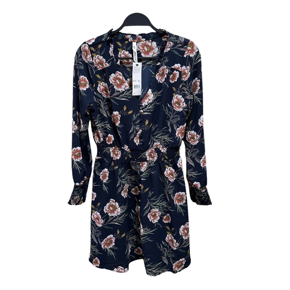 NY Collection Women Size M Navy Floral Long Sleeve V-Neck Smock Waist Dress‎ NWT